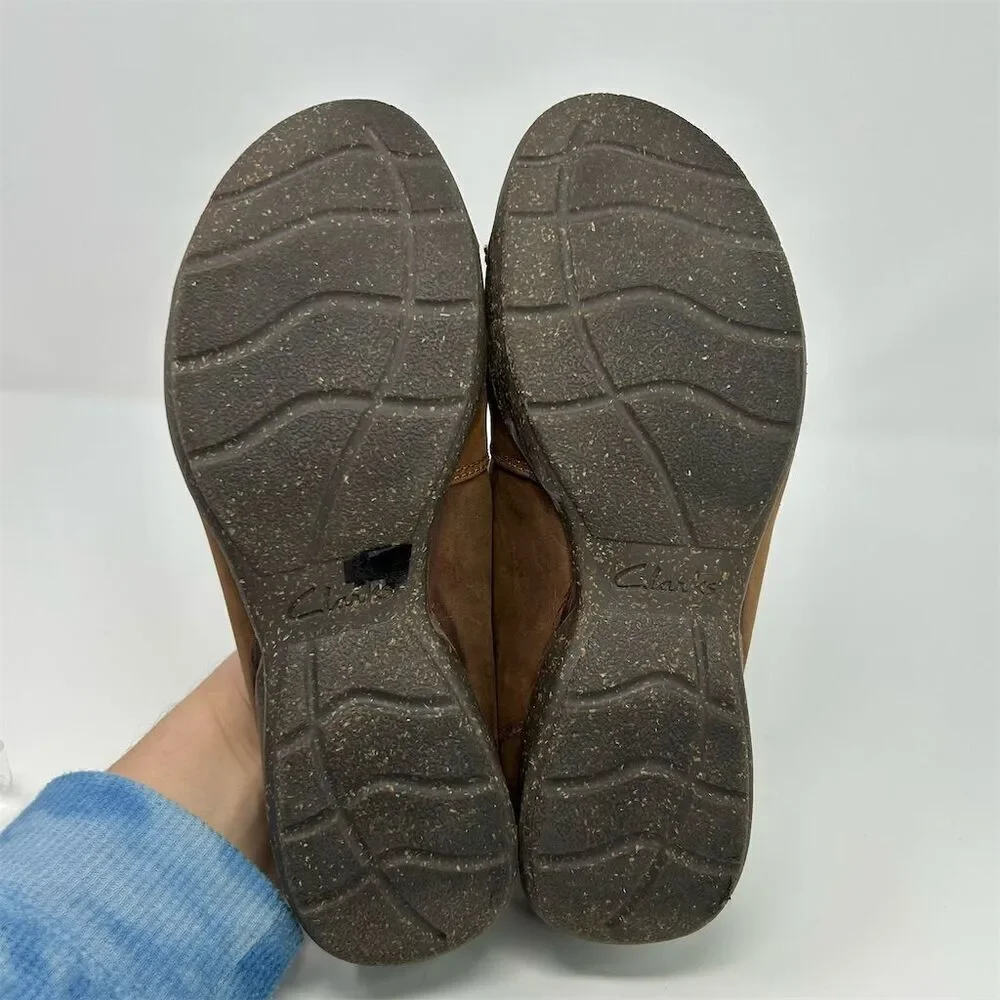 Clarks Women's Roseville Sky Brown Leather Slip-On Loafers Size 10 Wide Comfort